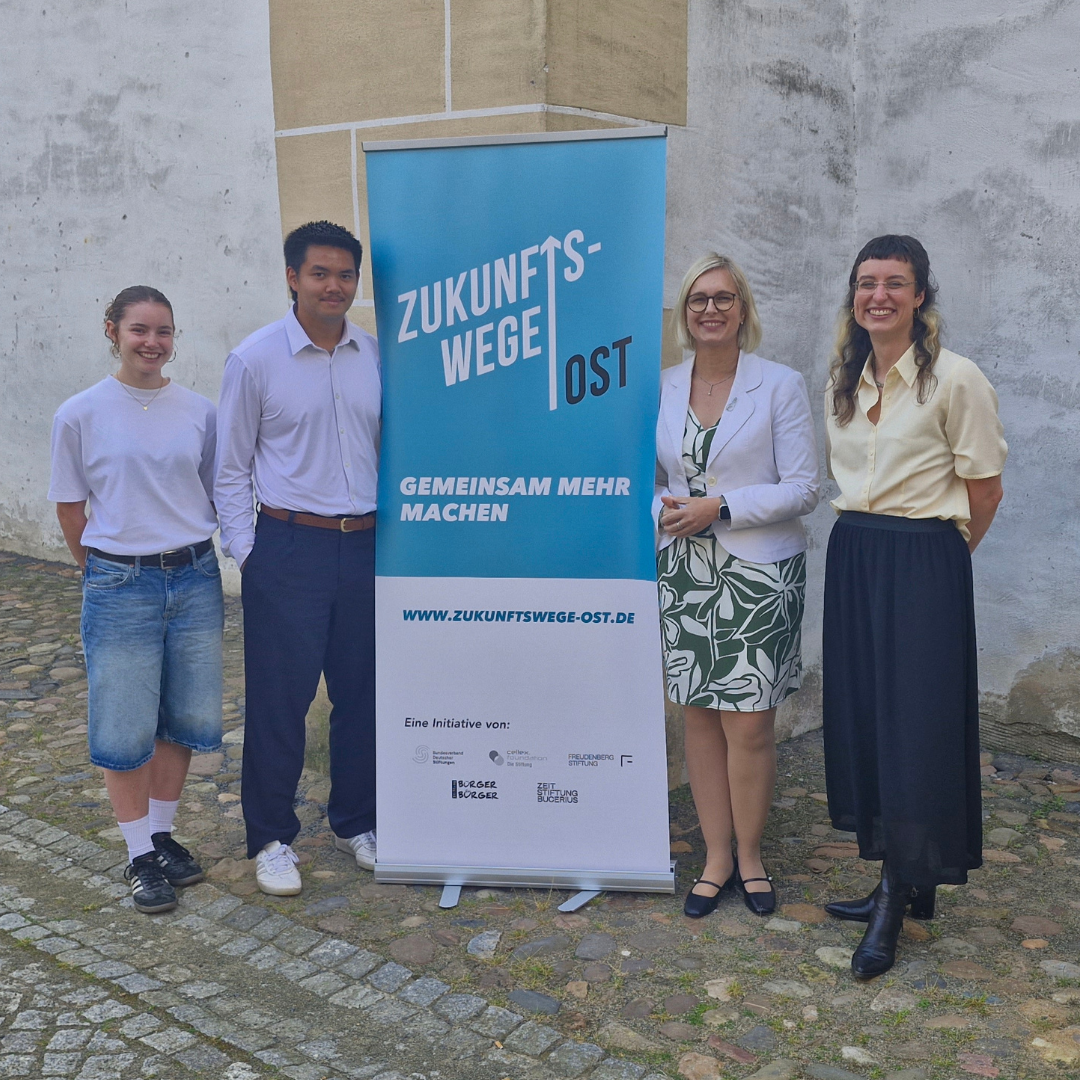 Mitglieder der Jugendjury aus dem Gen Ost Jugendfonds, die Projektleitung und Frau Schenderlein stehen vor einem Zukunftswege Ost Aufsteller.
